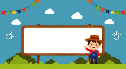 Fototapeta premium Cartoon Farmer Presentation Graphic with Blank Sign and Transparent Background