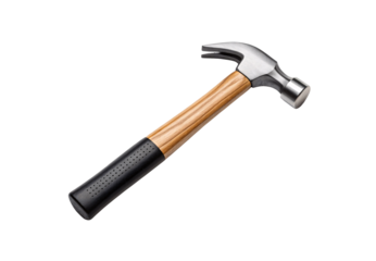 Claw hammer with wooden handle and rubber grip, isolated on a transparent background