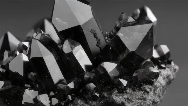 Closest view of a collection of black quartz crystals with textured surfaces, emphasizing the fine grain and natural beauty.