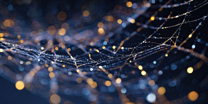 Abstract network of glowing threads against a dark background.  Blurred lights create a depth of field effect - Powered by Adobe