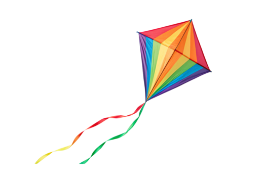 Rainbow diamond kite with colorful tail streamers flying, isolated on a transparent background