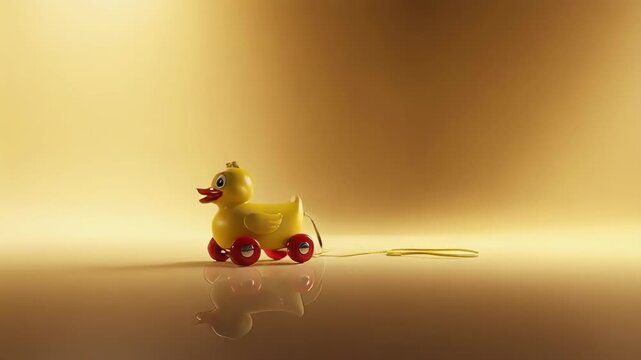 A yellow duck toy on wheels is pulled by a string against a gold background