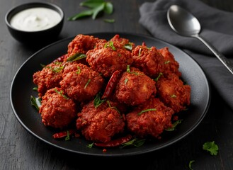 Crispy spicy Chicken 65 fried appetizer served with herbs, perfect Indian snack flavors and texture