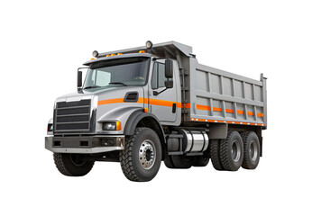 Fototapeta premium Silver dump truck with orange safety stripes and raised bed, isolated on a transparent background