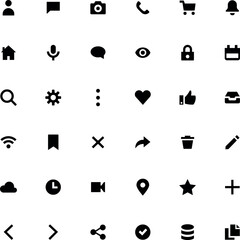 Set Of Black Flat Icons For UI Design With User, Home, Camera, Heart, And More