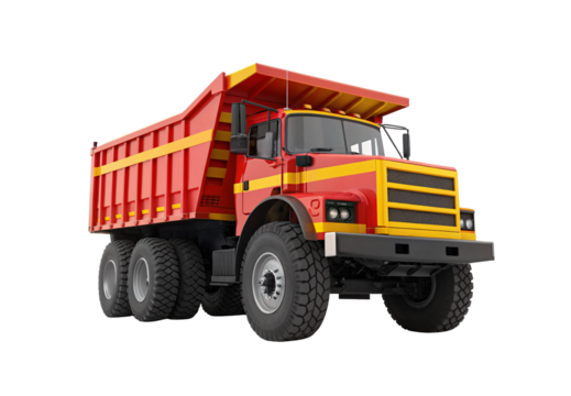 Red and yellow mining dump truck with massive wheels, isolated on a transparent background