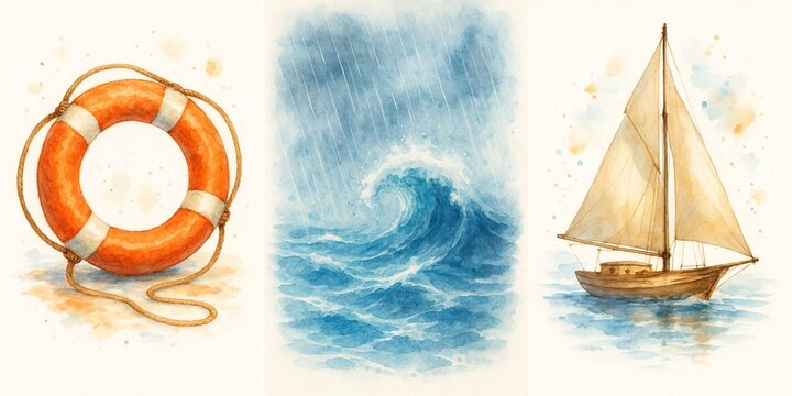 Set of three illustrations or cards for sea, sailing and vacation theme. Lifebuoy, waves and stormy sky, sailing boat on water surface. Watercolor or canvas drawing style
