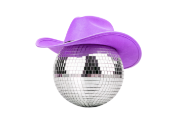 Disco ball wearing purple cowboy hat, isolated on a transparent background