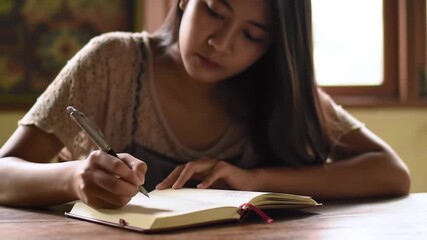 Asian woman concentrating on writing in journal indoors near a sunlit window creating peaceful,
