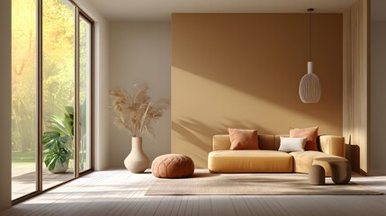 Sunlit modern living room with minimalist Japandi style interior design.
