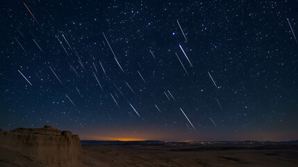A spectacular meteor shower streaks across the dark night sky, illuminating a rugged landscape with distant city lights