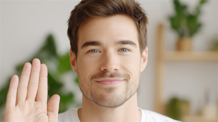 Smiling man raising his hand in greeting during a video call in a bright home interior, conveying friendliness, openness, communication, and a positive casual modern lifestyle atmosphere.