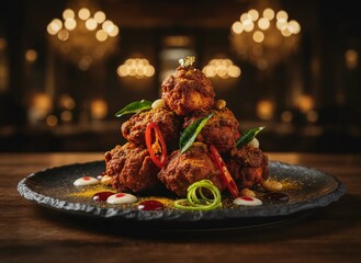 Elegant plated Chicken 65 presentation with herbs, chili and rich seasoning for fine dining flavor