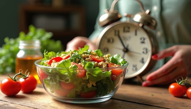 Fresh healthy organic salad bowl with greens, tomatoes sits on wooden table. Woman adjusts retro alarm clock. Image illustrates diet plan, time restriction for meal consumption, mindful nutrition,
