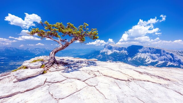 A solitary, gnarled tree stands defiantly on a cracked, white rock cliff edge, overlooking a vast mountain range and valley under a bright blue sky with scatter