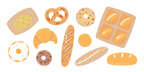 Assortment of freshly baked goods on white background illustration