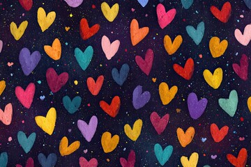 Colorful hearts scattered on a dark starry background