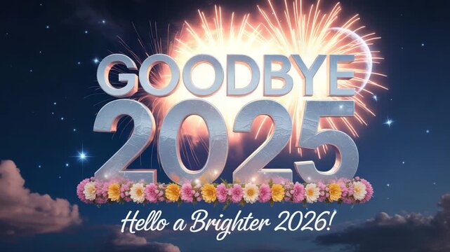 Goodbye 2025 Hello Brighter 2026 New Year Celebration Fireworks Moon Night Sky Floral Decoration 
4K Ai HD high quality video.	
