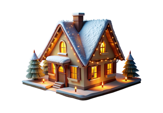 Cozy snow-covered cottage with warm glowing windows and festive lights, isolated on a transparent background