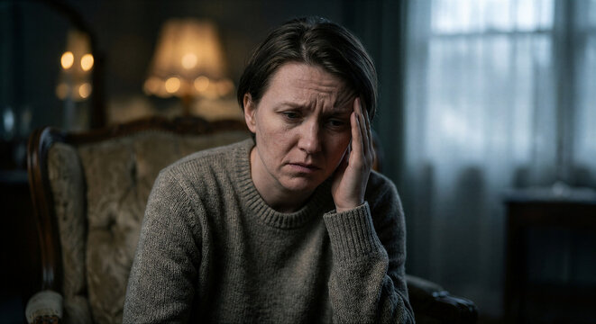 Emotional woman in thoughtful reflection cozy living room portrait soft lighting introspective mood