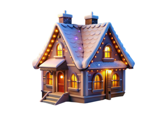 Charming winter house with illuminated windows and decorative holiday lighting, isolated on a transparent background