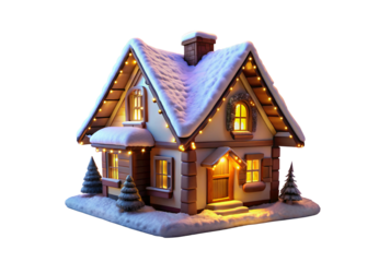 Snowy cabin with glowing interior and evergreen trees beside it, isolated on a transparent background