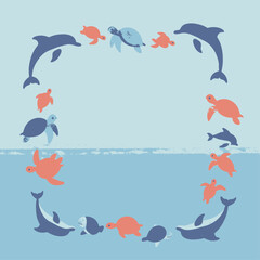 Illustration of dolphins and sea turtles forming a decorative frame around a blue ocean background, with some animals above and below the water line.