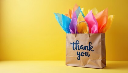 Brown paper bag shows thank you message filled with bright colorful tissue paper. This gift presentation conveys gratitude and appreciation. Its cheerful style suits any special occasion or event.
