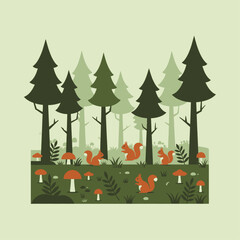 Flat design illustration of a serene forest scene with pine trees, mushrooms, and playful squirrels on green grass.