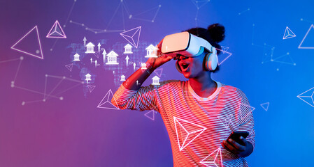 This image showcases an individual experiencing virtual reality while engaging with concepts of AI, ethics, and digital law, emphasizing the future of technology and governance. XDMCP