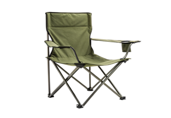 Olive green folding camping chair with armrests and cup holder, isolated on a transparent background