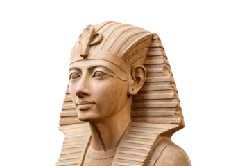 Carved stone pharaoh statue head wearing ornate nemes headdress, isolated on a transparent background