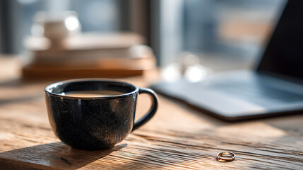 Dark mug filled with coffee sits on a wooden desk next to a laptop and a ring image