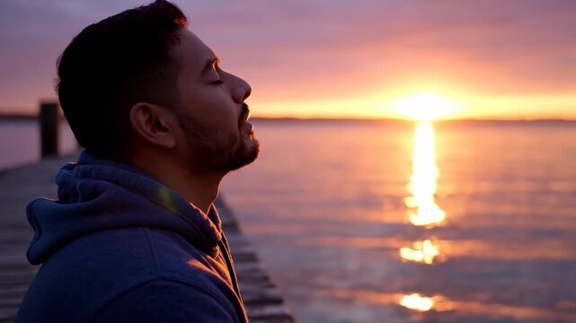 Man gazes at sunset on pier
