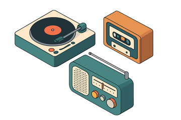 Fototapeta premium Isometric collection of retro audio devices: turntable, cassette player, and radio receiver