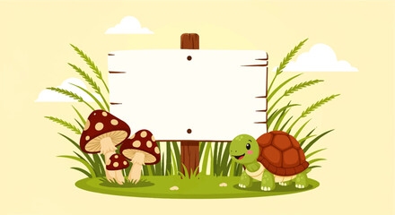 Fototapeta premium Cartoon Turtle Scene with Mushrooms and Blank Sign