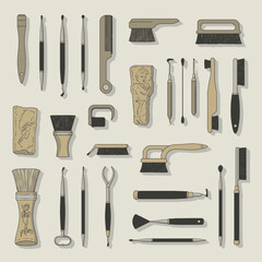 A detailed illustration showcasing a diverse collection of vintage-style brushes and various cleaning or grooming tools arranged neatly on a light background.