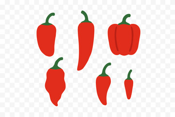 Collection of different red chili peppers and sweet bell peppers isolated on white background