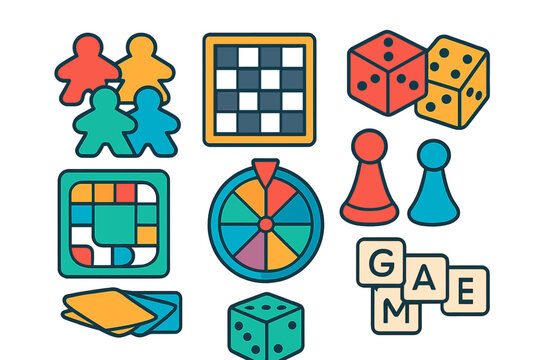 Colorful collection of classic board game components including dice, pawns, meeples, and cards