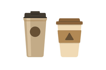 Pair of disposable coffee cups with lids and sleeves for hot beverages in neutral tones