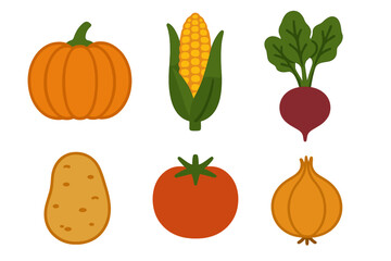 Assortment of fresh autumn vegetables including pumpkin corn beet potato tomato and onion