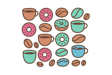 Seamless pattern of colorful coffee cups, sweet glazed donuts, and roasted coffee beans