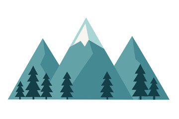 Fototapeta premium Minimalist geometric mountain landscape with evergreen pine trees and snow capped peaks