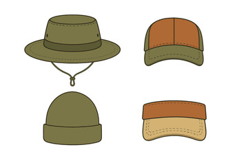 Four outdoor headwear items including a boonie hat, baseball cap, knitted beanie, and sun visor