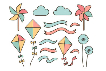 Pastel colored spring and summer elements set with kites pinwheels clouds and decorative ribbons