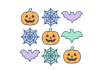 Colorful pattern of spooky Halloween icons including smiling jack-o'-lanterns, spiderwebs, and flying bats