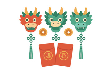Auspicious Lunar New Year elements featuring stylized dragon heads, lucky money packets, and ancient coins