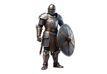 Medieval knight in full plate armor holding sword and shield, isolated on a transparent background