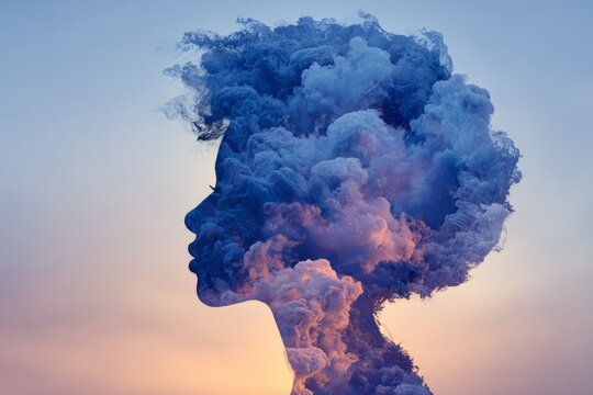 Double exposure portrait of woman profile blended