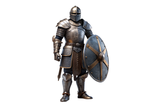 Medieval knight in full plate armor holding sword and shield, isolated on a transparent background